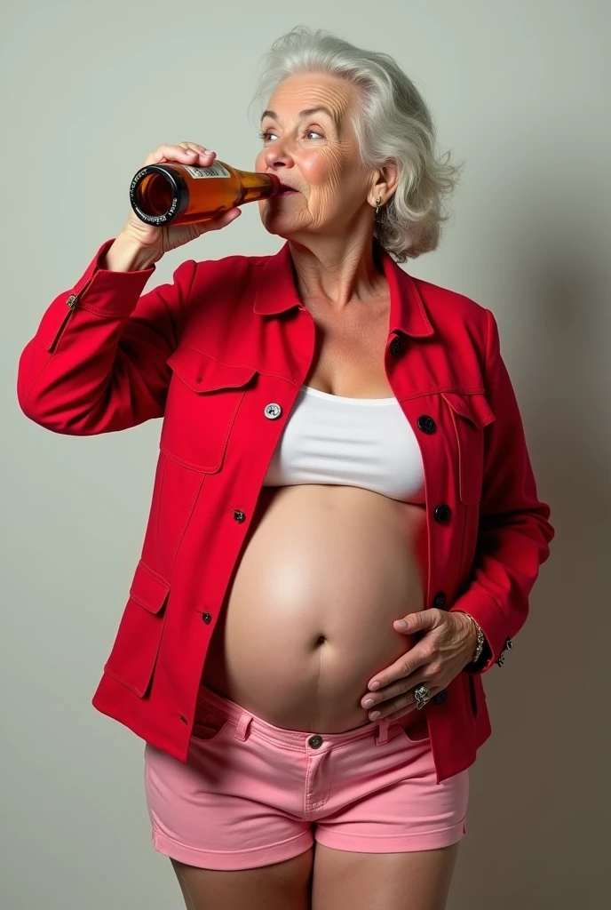 Generate a full body side image of a 70 year old Afro-Brazilian black grandmother, completely naked, wearing large prescription glasses, with short wavy black hair with gray tones and disheveled, the face with expression lines due to age, small mouth, full lips with signs of age, protruding nose, obese body with average height showing his age, large, voluminous, saggy breasts, wide hip, legs thick, thick-thighs, voluminous shaved vagina, and she is standing smiling and with an imposing look drinking a beer and with a cigarette in her hand leaning on the sink counter of a humble and precarious kitchen at night.