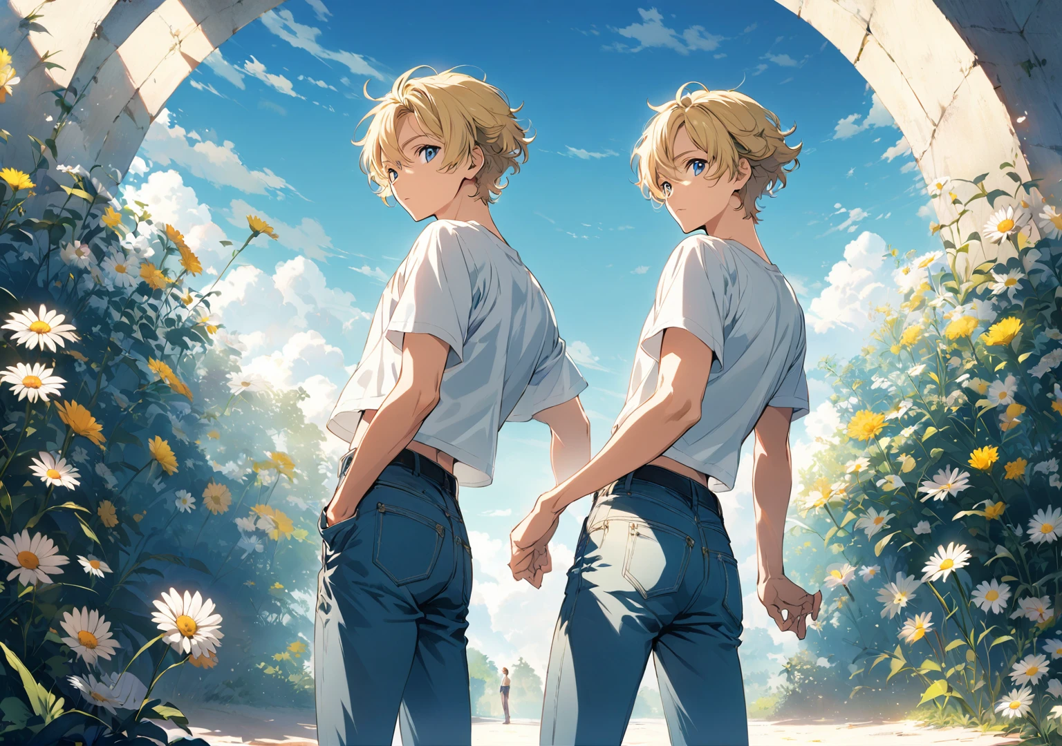 Image of a young anime boy, high, handsome, detailed, attractive, adult, focusing on masculinity, Short curly blonde hair standing out against the bright blue sky, wearing a white cropped t-shirt with jeans and red tennis shoes, in a fresh and lively atmosphere, Illuminated by neutral light that casts soft shadows, with a serene and idyllic atmosphere, distant look, free standing pose, looking at the viewer, with daisy flowers, character design, professional artwork, illustration