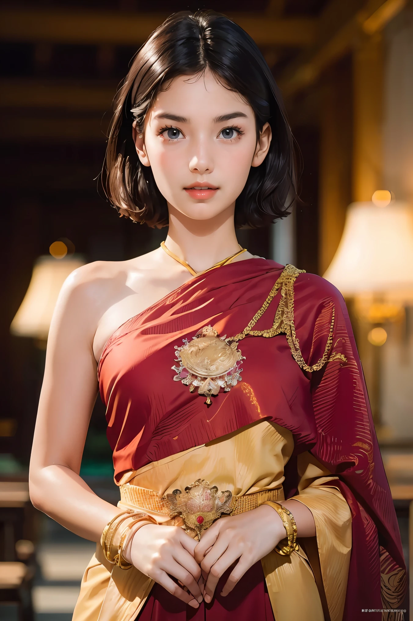 (RAW photo:1.2), (photorealistic:1.4),(masterpiece:1.3),(best quality:1.4),ultra high res,(detailed eyes),(detailed facial features),(detailed clothes features),HDR,8k resolution, solo focus,thai tradition dress,tradition shawl ,golden jewelry,1 girl ,facing to viewer,full body, depth of field,cinematic light,(adorable  girl with rim lighting :1.2), (((perfect body shape ))),,2 ,(Eurasian face),(pale skin),(gorgeous short hair:1.1),(dark hair:1.11)