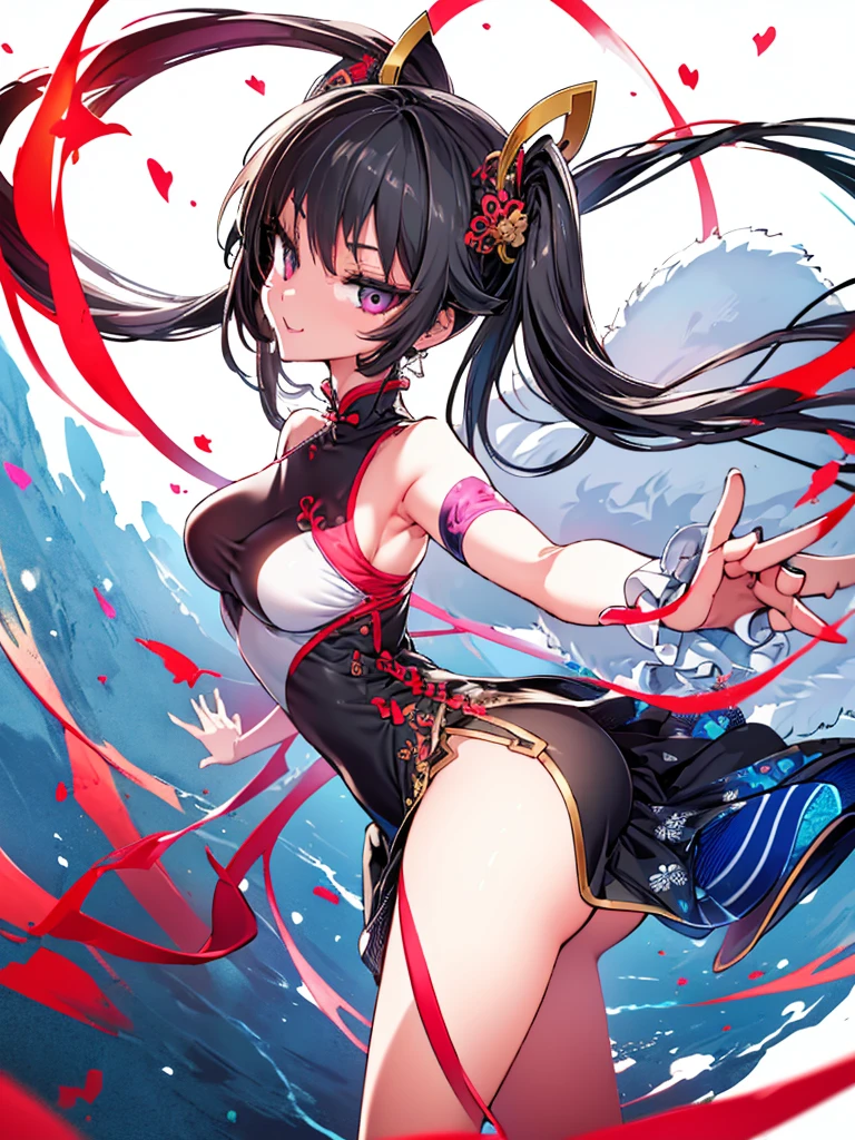 One Girl　from Front　smile　　Open your mouth　　　Twin tails　Sexy pose　 Qipao　High leg　Brat　White background