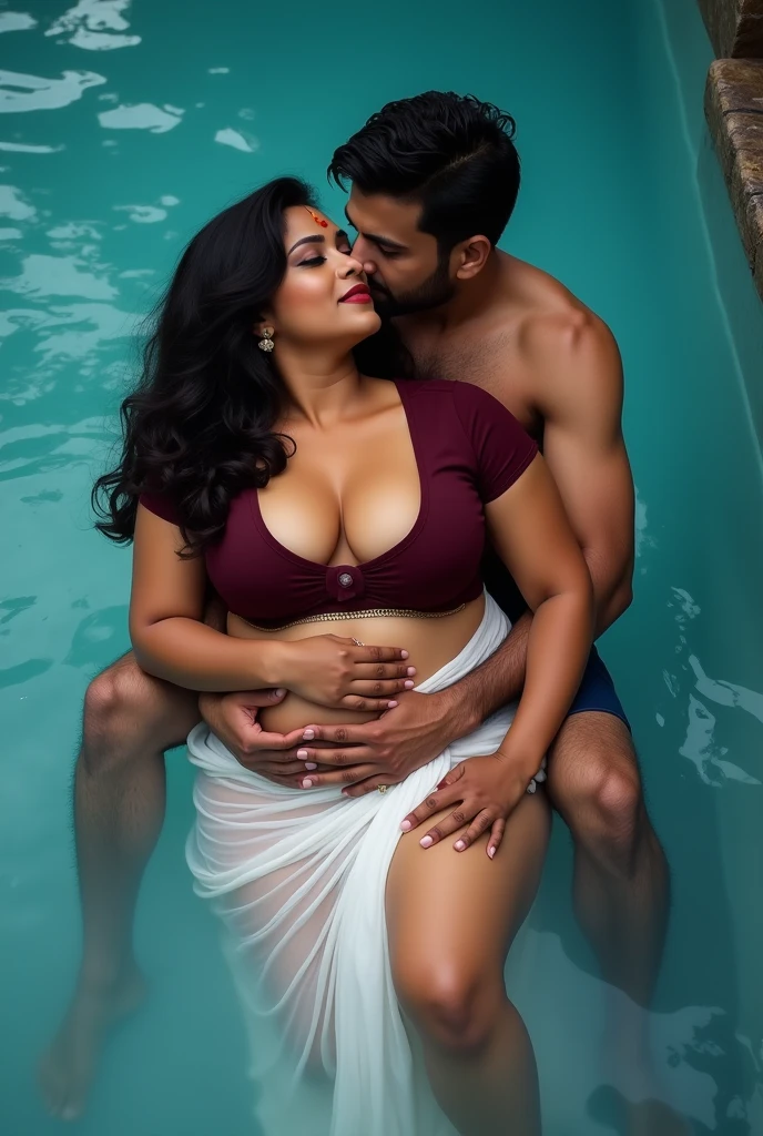 HD wallpaper 32k cinematic shoot of a Beautiful cute wet Pooja Hegde, with thick thighs and a curvy waist, wearing an beautiful Indian dress, ((navel)), ((a man kissing her waist)), ((a man kissing her navel)), ((wet girl)), ((sweaty girl))