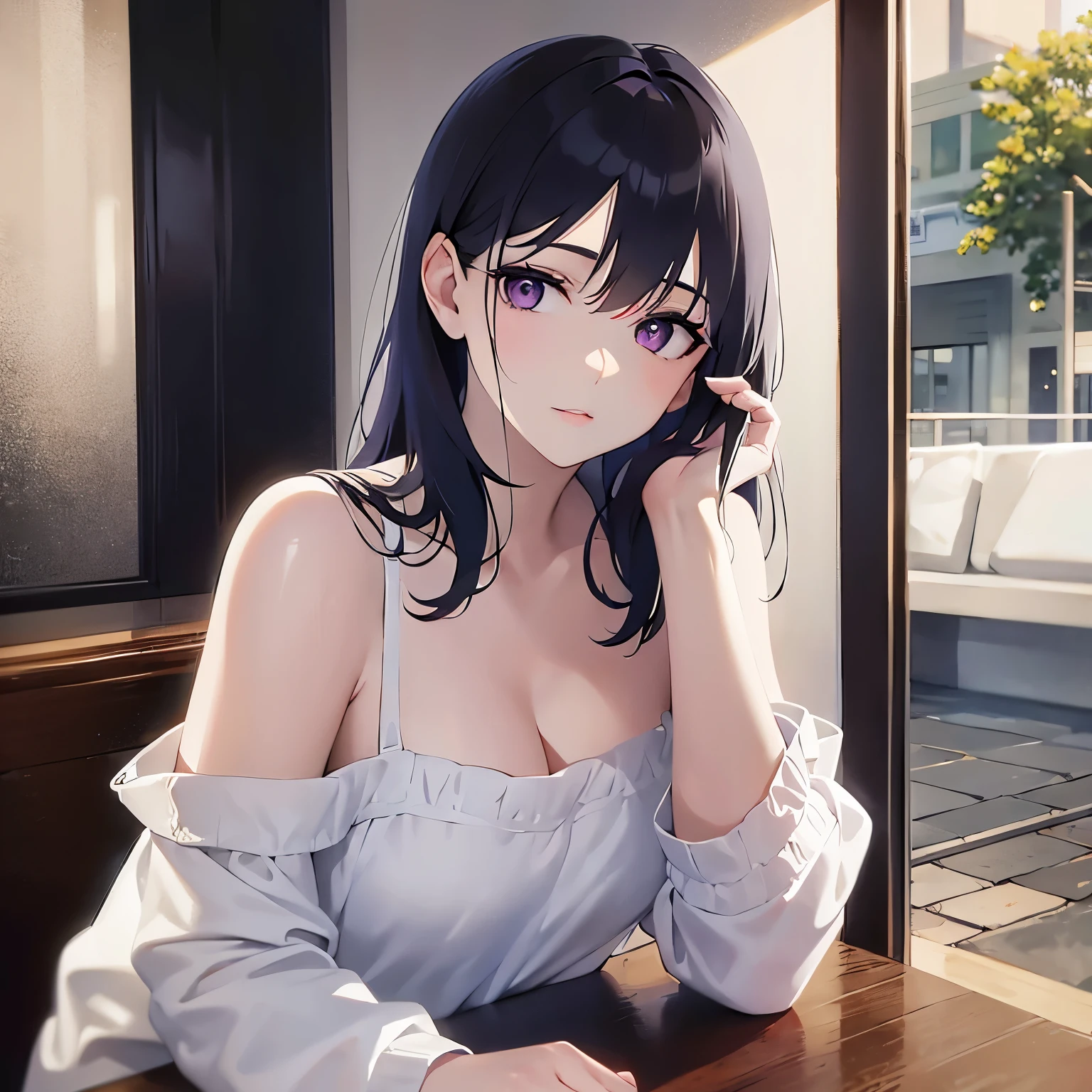 (masterpiece), highest quality, Expressive eyes, Perfect Face, Woman studying raffle,night,Cafe, Study pose, A peaceful streetscape of fresh greenery outside the window, Cozy interior, Vibrant colors, whole body