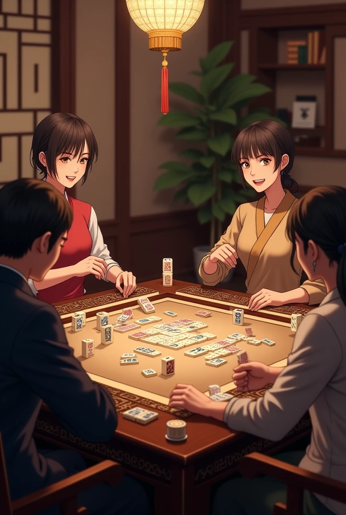 A kotatsu in the middle of the desert、Four girls playing strip mahjong at the kotatsu、A girl in pretty pink underwear、Girl undressing