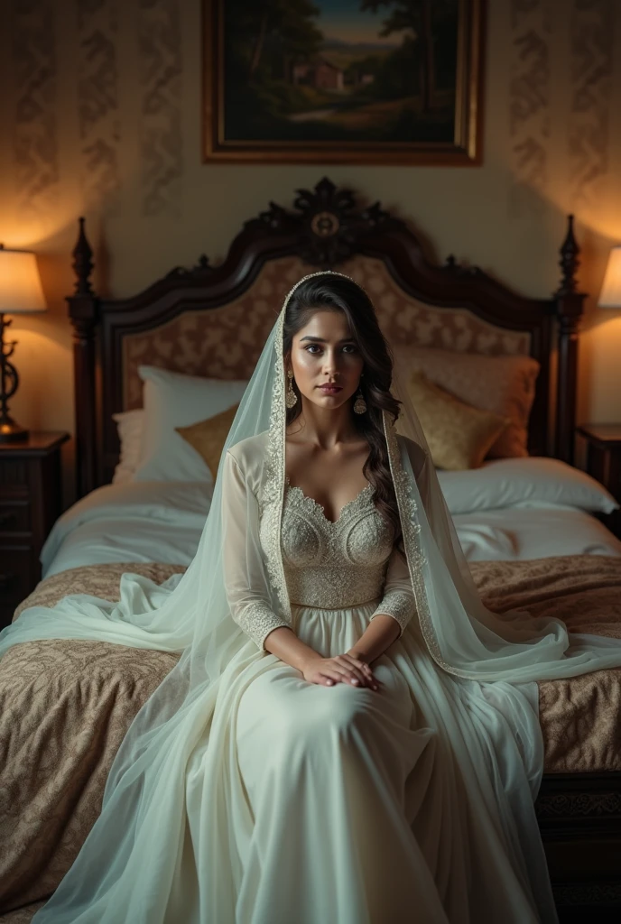 a beautiful detailed attire goddess of Katie McGrath, stunning eyes, perfect lips, delicate facial features, long eyelashes, elegant expression, flowing hair, less clothes, looking us, on a bed, intricate background, exquisite lighting, cinematic composition, ethereal mood, dreamlike atmosphere, vibrant colors, masterpiece, 8k, photorealistic