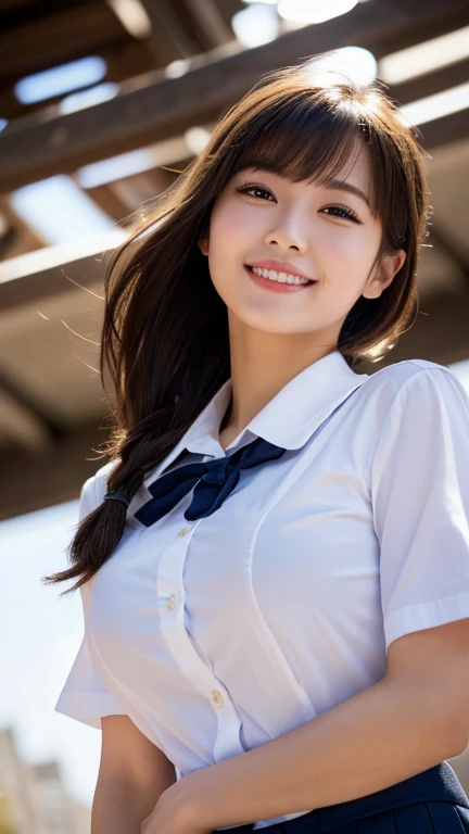 (8k, RAW photo, highest quality, output: 1.2), (realistic, photorealistic: 1.37), super detailed, super high resolution, girl 1, viewer, detailed cute face, smile, teeth, professional lighting, junior high school student, neat, serious, honor student, anime middle school sailor uniform, prepschool uniform, short skirt, loose blouse, instagram influencer model, 4k ultra realistic, school babe concept, double eyelids