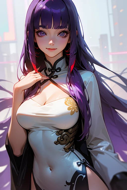 1 person, Blunt bangs, Braiding, Wide sleeves, hair ornaments,Obi says, (Purple Hair:1.2), Very long hair, Straight hair, Looking at the audience, Highly detailed background, (Realistic:1.2), Beautiful Eyes, Red eyeshadow, thigh, (Urzan-6500:0.7), Upper Body, (alone:1.2), (Cyberpunk City:1.1), Cleavage,,Glowing Skin、(Navel exposed).((Face close-up))、((smile))、(Red lace costume).