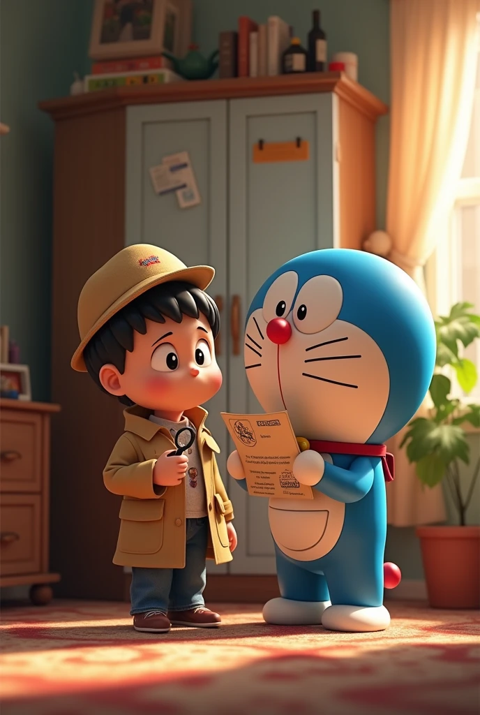 Doraemon travels through time from the TV screen to the boy