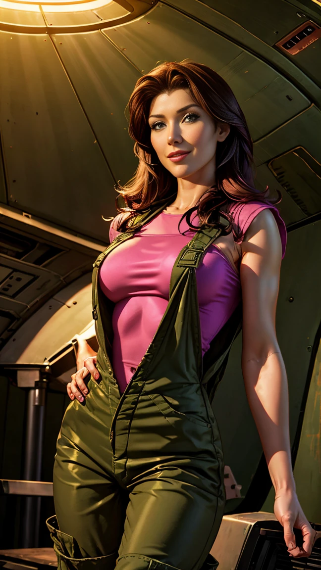 Jewel Staite as Kaylee from Firefly, body paint, undone olive green coveralls, short pink crop top, long brunette hair, perfect breasts, sexy pose, laying on her side, smile