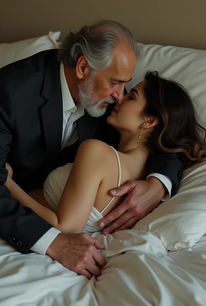 The movie star scarlett johansson dressed as a sexy secretary , kissing an ugly 99-year-old Peruvian man.  On bed