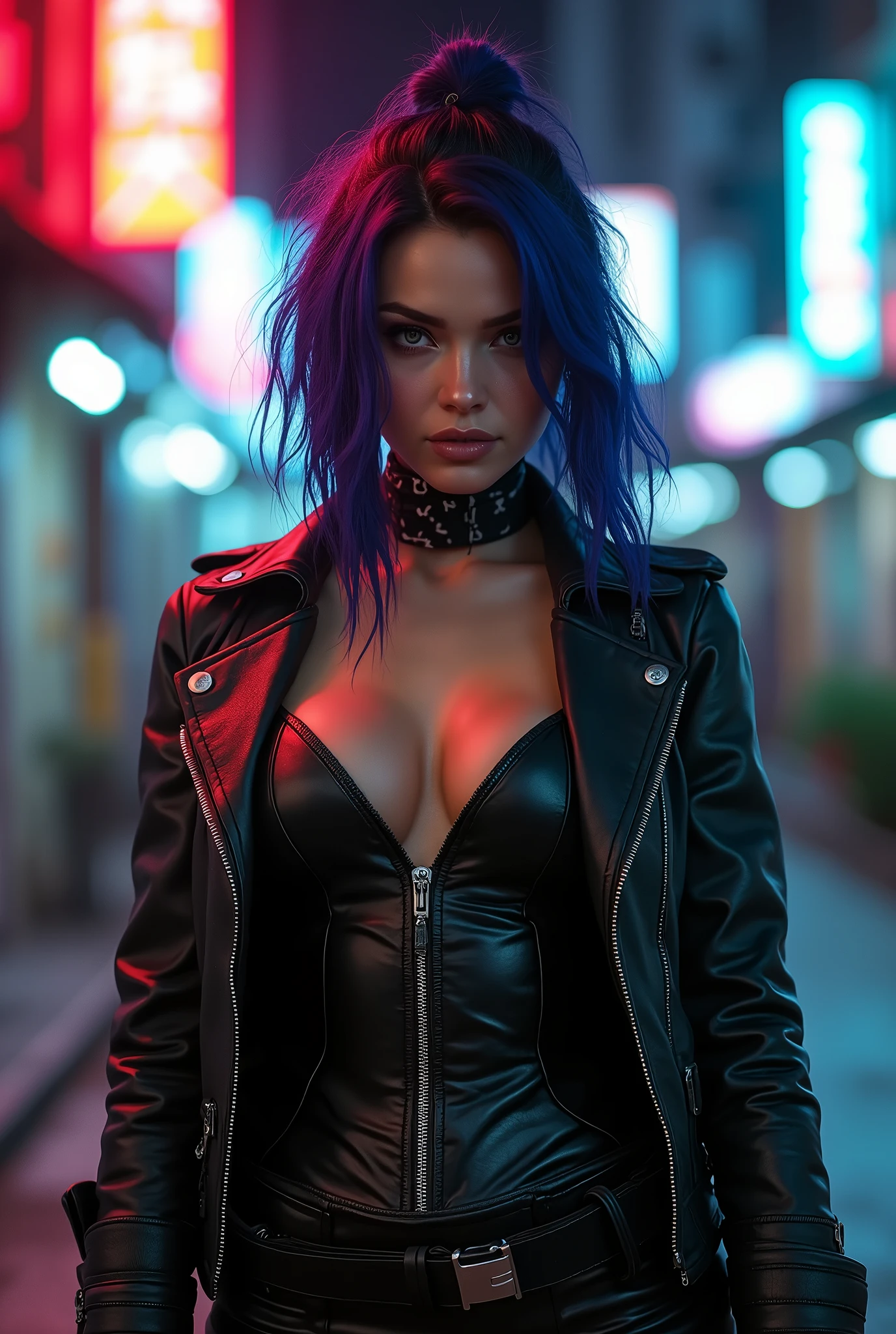 Hyper realistic waist up view of a Cyberpunk girl from the Czech Republic, circa 2075, , black black hair with blue highlights, stands confidently, very lightly tanned skin, bioluminescent circuit tattoos tracing her delicately curved face, a visible holographic-lcd screen pair of aviator sunglasses, in a tight, conditioned leather outfit, revealing the subtly pronounced shape of her body, flourish of coquettish allure in the neon-lit city's shadow, ultra-realistic digital render, b