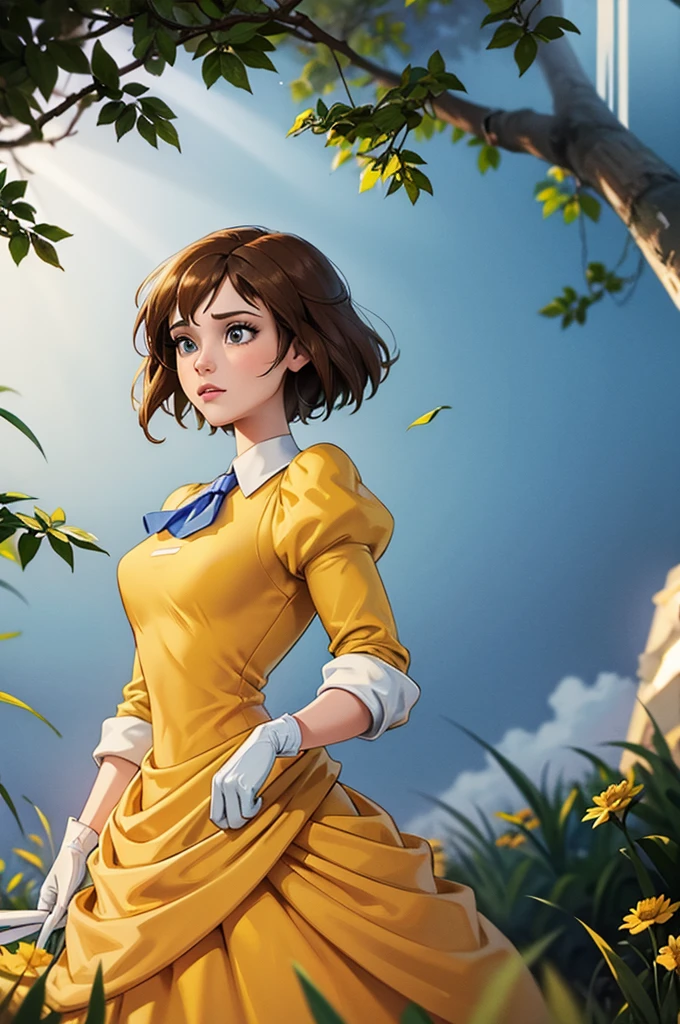 masterpiece, Best Quality, exterior, Lens flare, depth of field, 1 girl, alone, looking at the viewer, old, jane porter, short hair, GOOD, yellow dress, long dress, puffy sleeves, Quilt, white gloves, cowboy shot