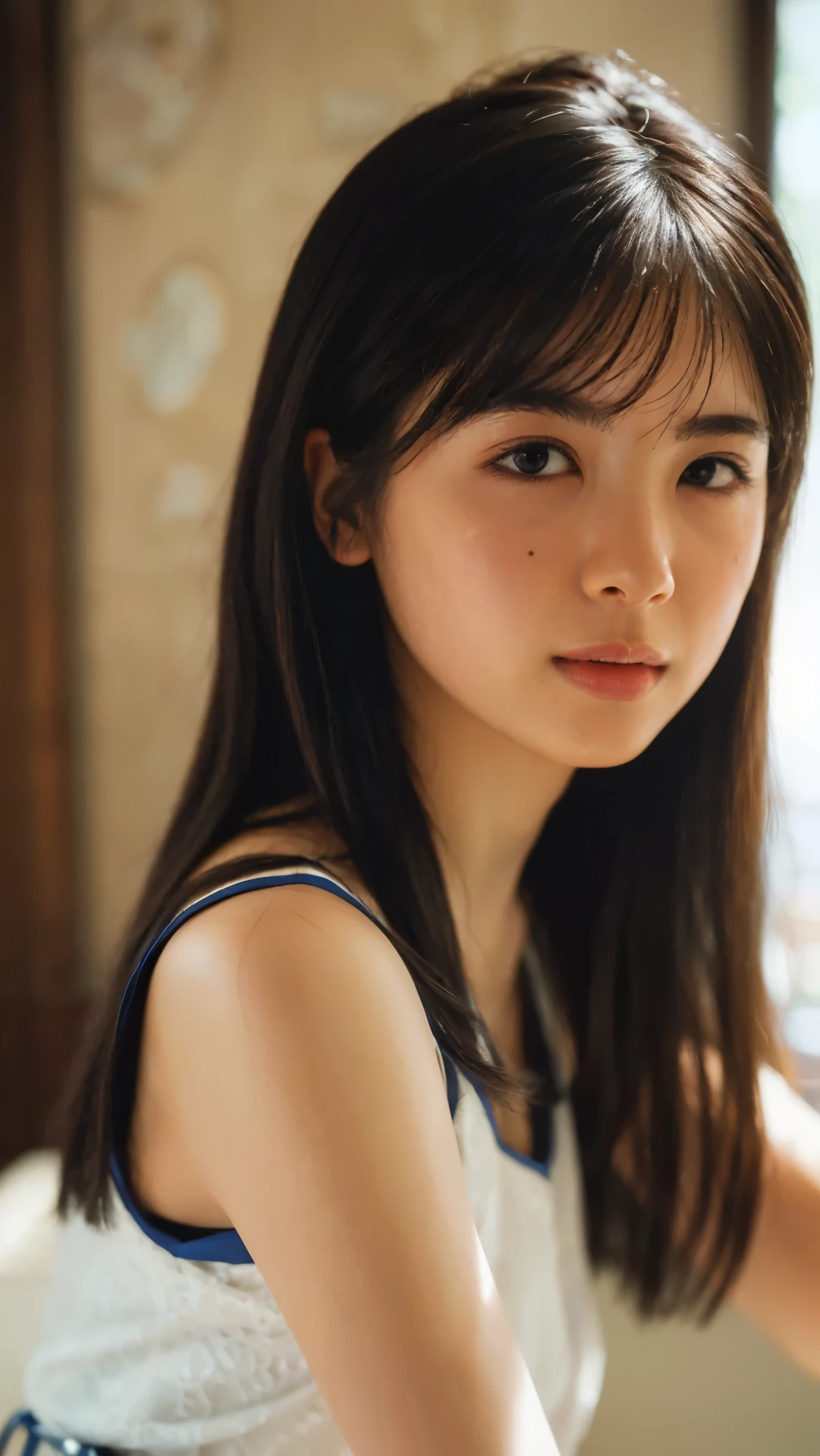 Cute Japanese Women Photos, smile:1.78, 20-year-old, Oil, One Length Hair＆Straight Hair Balm:1.55, (photo Realistic:1.4), (hyper Realistic:1.4), (Realistic:1.3), (Smoother lighting:1.05), (Improving the quality of cinema lighting:0.9), 32K, 1 person,20-year-oldの, Realistic lighting, Backlight, The light shines on your face, Ray Tracing, (Bright light:1.2), (Improvement of quality:1.4), (Highest quality Realistic textured skin:1.4), fine grain, Detailed face,(smile:0), (Emphasis on face close-up:1.3), (Enhances the beauty of skin texture:1.1),((Extremely precise and accurate anatomy:1.0)), (Enhances the beauty of skin texture:1.1), Clean and glowing skin, mesh, thin:1.2, (Realistic:1.3), Realisticなライティング, (Smoother lighting:1.05), 32K, One Japanese woman, fine grain, Detailed face, (Film Grain:1.1),(Accentuates body lines:1.1), High resolution, Natural look, Kind eyes, Improves hair quality, Delicate light and shadow, Transparent muscles, Graceful pose, Beautiful Eyes, Sharp details, Soft light reflection, Beautiful contours, Delicate skin tone, Fine hair texture,Cute Japanese Women Photos,