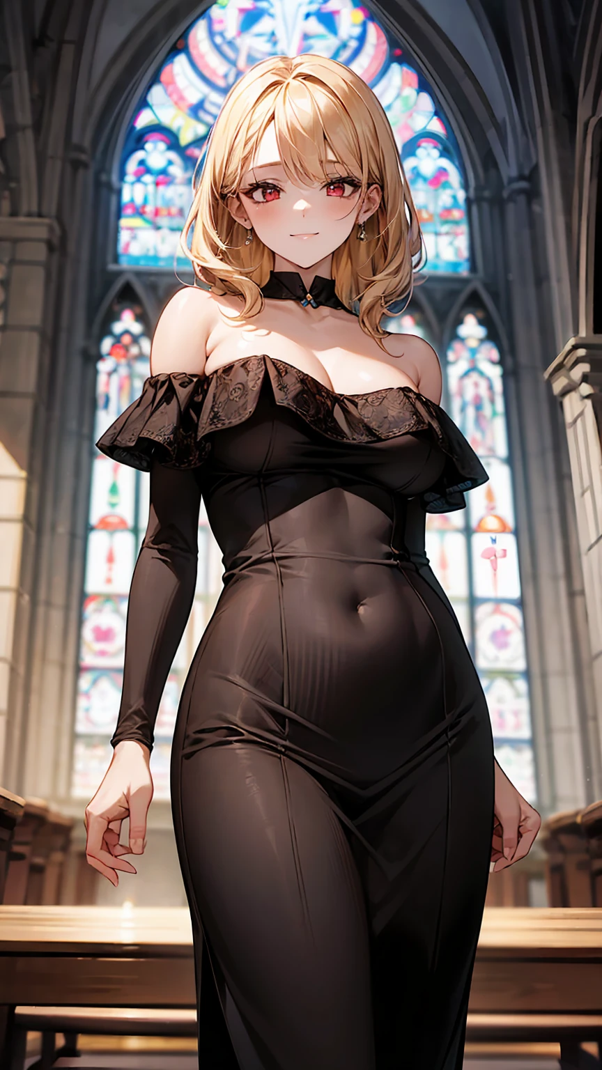 14-year-old bride: A shining wedding ring on a ring finger ,Her name is Ciel(holy girl)(Possession of the Goddess),Fusion of Medieval European Fashion ,Emphasizing cuteness and the element of admiration ,A pose illustration that expresses the overwhelming cuteness of the character in the foreground ,Impressive architectural background ,church,Wedding in the chapel, wedding,Super fine, rich, A modern interpretation of medieval Europe and fantasy ,Realistic Texture, Professional artistic shading and lighting, Cinematography and effects like scenes, Depth of field 1 beautiful girl, So cute,Blonde(Straight and long),perfect anatomy color: pastel, white, Gingham check material: chiffon, race, satin, velvet, A-line, long length decoration: Frills, ribbon, race, pearl, embroidery ,Romantic princess coordination: pastel ドレス,A dress with a large neckline, 聖女のrace blouse, ribbonヘアアクセサリー, whiteタイツ アクセサリー,I'll lift my skirt and show you my crotch,Show your breasts,Spread your legs:1.4,protruding vagina,(Realistic vagina),(fluid is coming out of the vagina),(Erect nipples),From below,