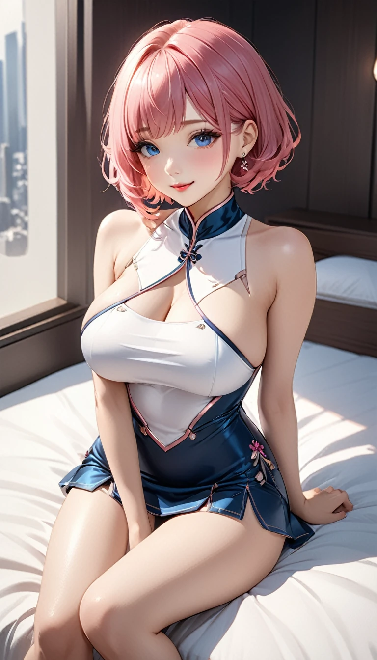 hot pink hair, very short hair、chibi, cute, , Futuristic Chinese Dress, (micro mini-skirt), a girl、24-years-old、Best Bust、Large Breasts、Beautiful Eyes、Blue Eyes, red cheek、masterpiece, High resolution、8K quality、Cute face、((Top quality eyes)), Blue Eyes, Natural light、In a white-themed room、On the bed, Natural smile