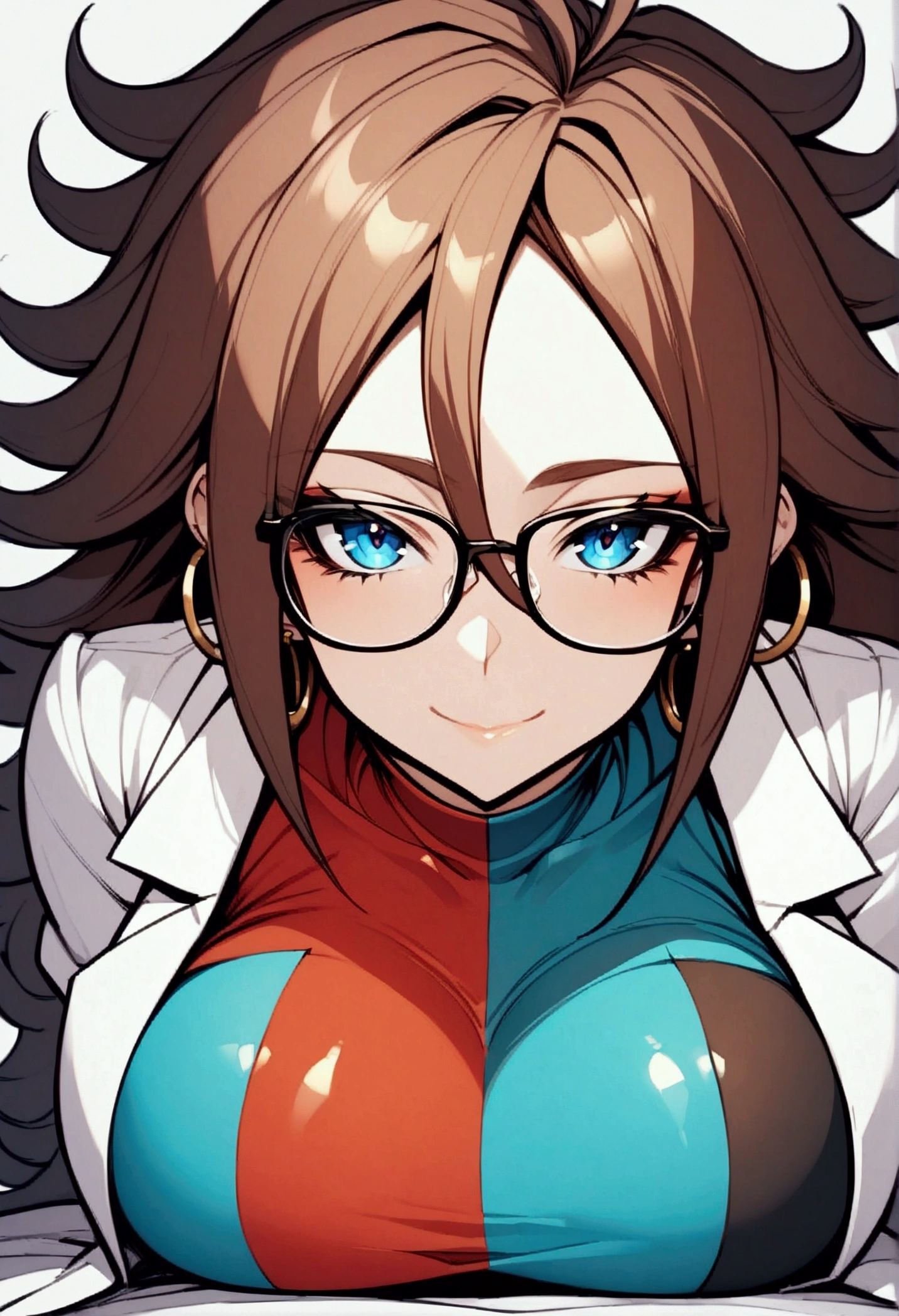 Android 21, human, brown hair, long hair, curly hair, blue eyes, hoop earrings, checkered dress, sleeveless, black pantyhose, solo female, lying on top of viewer, giant thighs, giant breasts, lab coat, no background, glasses, closed mouth smile