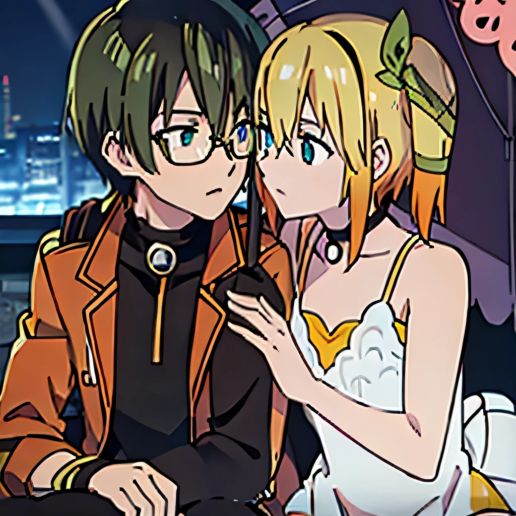 1 boy with black hair, Red jacket and glasses romantically kissing a girl in a yellow dress light green hair and green eyes, bright city at night in the background., True love, blushing cheeks, high quality 