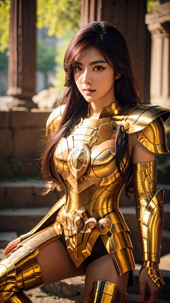 ((1woman))) Beautiful Korean girl, Ultra-realistic photoshoot with cutting-edge details by Camus against a background of greek ruins. Half torn and shiny golden metal armor Libra. Long purple hair. Purple eyes. Lively pose. Beautiful and symmetrical light brown eyes with details. Full body. Beautiful face with details. 30MP 4k Canon EOS 5D Mark IV DSLR. 85mm lens. Sharp focus. Intricate details. Long exposure time f/8. ISO 100. Shutter speed 1/125. Diffused backlight. Award winning photo. Camera facing. Looking into the camera. Monovision. Perfect contrast. High sharpness. Facial symmetry. Depth of field. Ultra-detailed photo. Ray-traced. Global illumination. TanvirTamim. Soft. High sharpness. High sharpness. 8k Unreal Engine 5 Ultra-sharp focus. Award winning photo. Trending on ArtStation. Realistick 8k