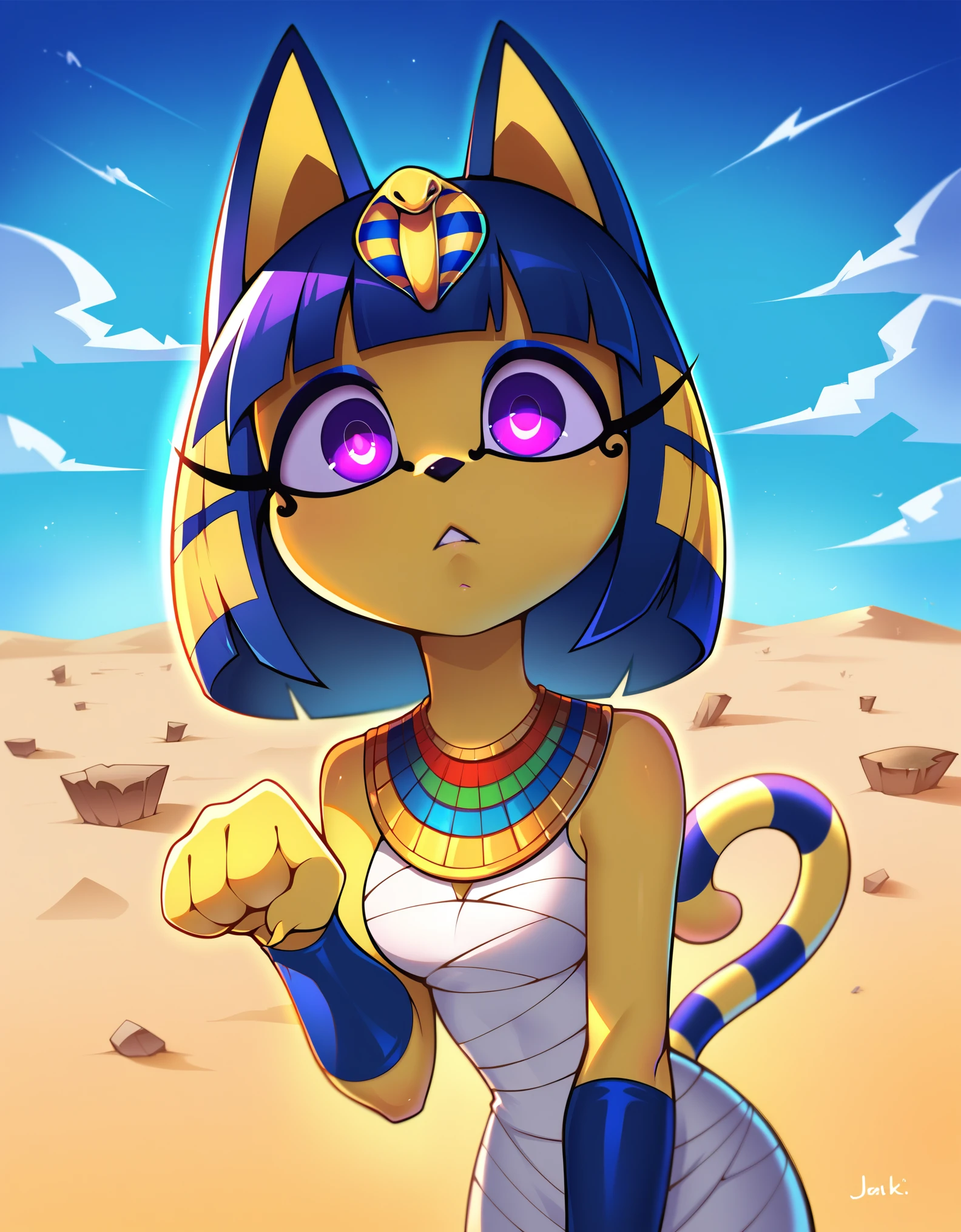 score_9, score_8_up, score_7_up, shadowillstyle, depth of field, 1girl, furry, ankha \(animal crossing\), expressionless, eye reflection, yellow background, yellow theme, blue background, desert, spiral eyes, purple eyes, glowing eyes, wide-eyed, paw pose, looking at viewer, close-up, parted lips, Jizoku Style, 