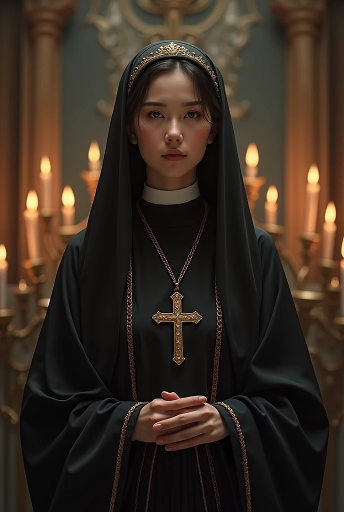 Sexy nun black robe,church background,The face holding the Bible and studying it in detail,The delicate eyes are ethereal and dreamy,gentle,HD ultra-detail,best quality,Super detailed,Actual lighting art visual effects movie scene lighting effects master works