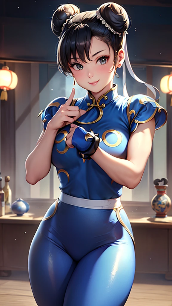 ((Chun-Li,ponytail,blue Leggings:1.3)),upper body, Looking at the audience,Slim and sexy figure, the best quality, (8k), (4K),(masterpiece), (the best quality), Extremely detailed, Game CG, Ultra Detailed, illustration, Beautiful Body,Beautiful nose, Perfect Eye, Perfect Face , 1 girl, 30 years,Fair Finger,Fair body, Fair Nose,Fair character design, perfect Eye, perfect Face,expressive Eye,Perfect balance,(Focus on her Face),(Smile:0.3), official art,Extremely detailed CG Unity 8K wallpaper, rich and colourful,  (masterpiece:1.0),(the best_quality:1.0), Ultra-high resolution,4K,Ultra Detailed, photography, 8k, HDR, high resolution, (Fair,Big goals_Chest:1.4), (blue china dress,smile,pretty face,Clear image:1.3),((青い炎のようなオーラを身にまとう,The background is Chinatown:1.3))