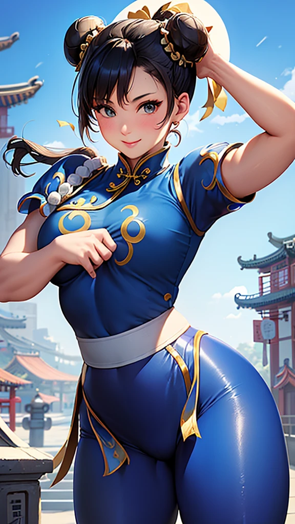 ((Chun-Li,ponytail,blue Leggings:1.3)),upper body, Looking at the audience,Slim and sexy figure, the best quality, (8k), (4K),(masterpiece), (the best quality), Extremely detailed, Game CG, Ultra Detailed, illustration, Beautiful Body,Beautiful nose, Perfect Eye, Perfect Face , 1 girl, 30 years,Fair Finger,Fair body, Fair Nose,Fair character design, perfect Eye, perfect Face,expressive Eye,Perfect balance,(Focus on her Face),(Smile:0.3), official art,Extremely detailed CG Unity 8K wallpaper, rich and colourful,  (masterpiece:1.0),(the best_quality:1.0), Ultra-high resolution,4K,Ultra Detailed, photography, 8k, HDR, high resolution, (Fair,Big goals_Chest:1.4), (blue china dress,smile,pretty face,Clear image:1.3),((青い炎のようなオーラを身にまとう,The background is Chinatown:1.3))