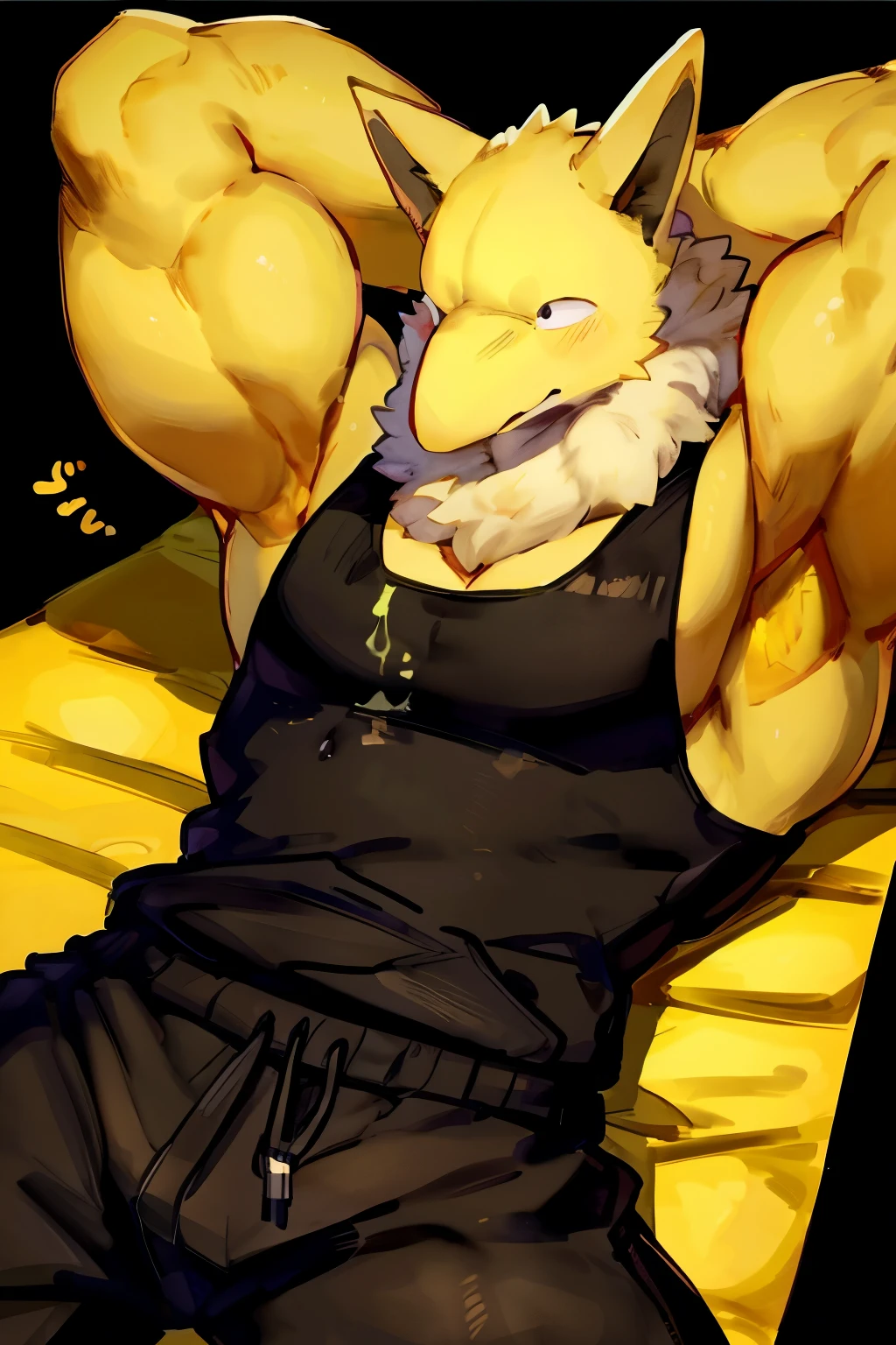 Furry, Anthro, solo, Hypno, Male, tired, (((muscular body, massive male pectorals, yellow skin, fluffy neck, wearing white fur around neck))), ((((massive biceps, wide-eyed, head tilted)))), ((((((massive bulky torso, head tilted, wearing black full male tanktop, wearing black sweatpants, laying down, hands behind head)))))), upper body, (black/yellow spraypainted background), by buta99, by zackary911, by bebebebebe, (((digital painting)))