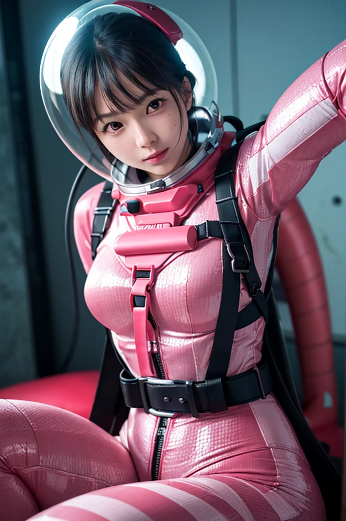 (8k, RAW photo, best quality, masterpiece), (photorealistic), outstanding details, ultra-high resolution, anatomically correct, textured skin, space helmet, helmet, pink bodysuit, diving lama
room, , swimsuit
(Cute Japanese girl , 20-year-old),   