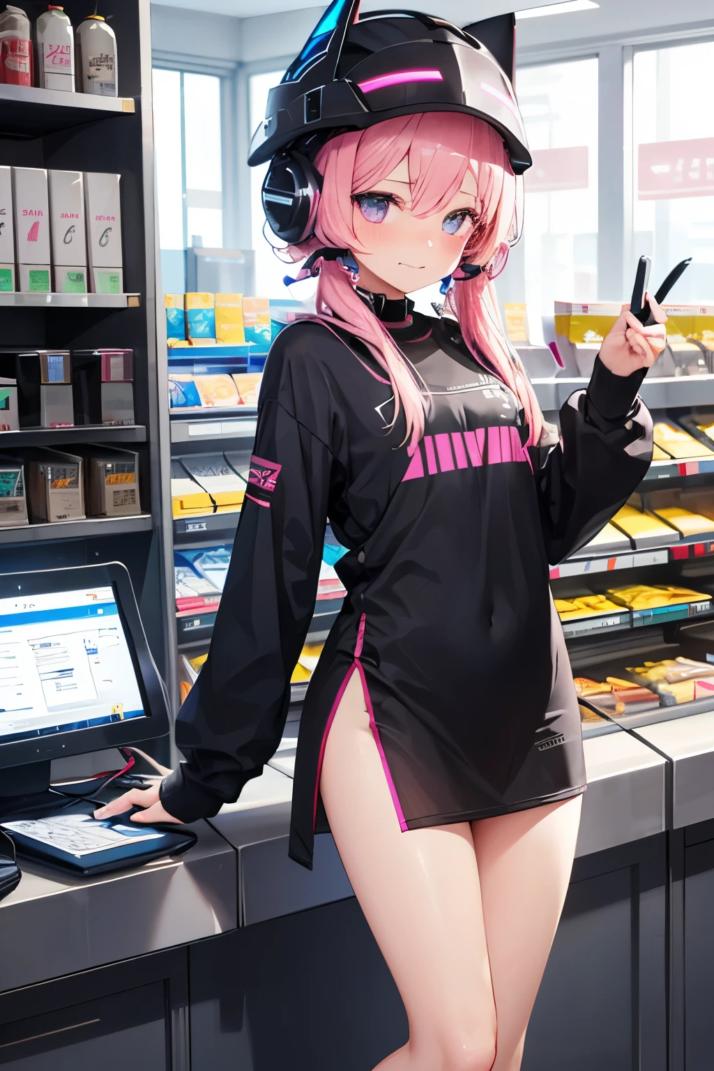   girl ,girl   , Futuristic Miniskirt Lawson Clothing ,Bold slit cut、Cashier、Customer Service、Flat Chest ,短いBlack Hairのフリンジ ,(body), Mechanic Headgear, Pink LED ,clerk,  Customer Attraction、Shiny Hair、Sparkling Eyes、Embarrassed expression、(Blushing and biting one&#39;s lip)、 quality, 8k ,Nurse uniform , Buy condoms. Power cord connected to the body .Power cable connected to the machine. circuit . （small、young、small耳、small胸、Black Hair）