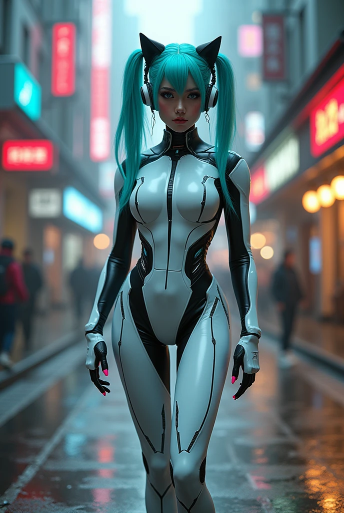 Woman in white dress,Rabbit ears and tech city background, fashionable futuristic woman, A fashion model, wearing futuristic clothing, Beutiful women, Futuristic woman, Beautiful female, Cute girl, - Blue-haired girl, wearing futuristic, White fashion lens, 3D Rendering Character Art 8K, Future Style, sci - fi character
