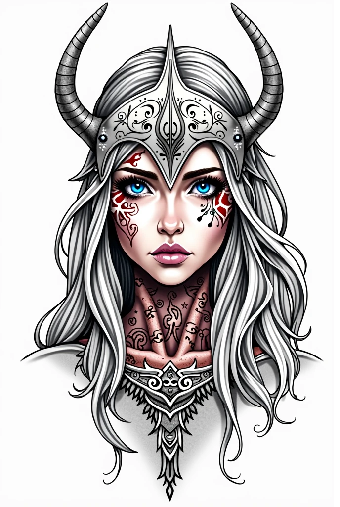 a crucified viking woman,viking face tattoos,charcoal tattoo on face,tattoo on face,anger expression,holding a viking axe,blonde,braided and messy flowing hair,bruised and scratched body,velka,assassins creed valhalla,god of war,vikings,black body behind,dark fantasy,hand drawn,illustration,art nouveau
