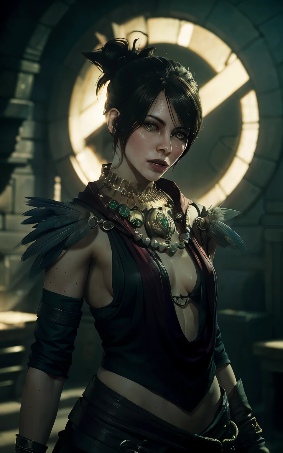 (masterpiece, best quality) realistic version of
MorriganDA, face of (Kate Beckinsale:Evangeline Lilly) 1girl, solo,, looking at viewer, short hair, black hair, gloves, jewelry, yellow eyes, small breasts, fingerless gloves, necklace, hair bun, nail polish, bracelet, lips, fingernails, makeup, glowing, single hair bun, feathers, lipstick, staff, pale skin, black nails, armlet, long fingernails, realistic, nose, magic