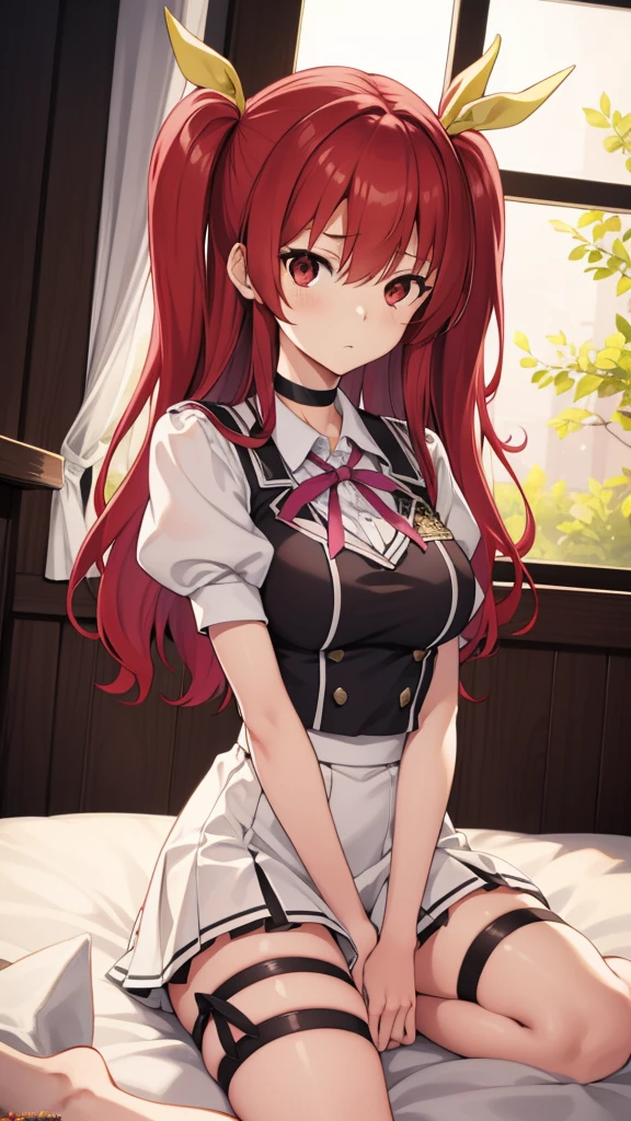 stella vermillion, stella vermillion, hair between eye, Hair intake, Hair Ribbon, Long hair, (Red Eyes:1.5), Red hair, two side up, Yellow Ribbon,
Blake Black Choker, Choker, emblem, garter strap, Neck ribbon, Plaid, Puffy Short Sleeves, Puffy sleeves, Purple Ribbon, Red hair, bow ribbon, School uniform, Shirt, Short sleeves, Skirt, thighs thighs thighs thighs, White shirt, White skirt,
BREAK looking at viewer,
Break indoors, classroom
break (masutepiece:1.2), Best Quality, High resolution, Unity 8k Wallpaper, (Illustration:0.8), (Beautiful detailed eyes:1.6), extra detailed face, Perfect Lighting, extremely details CG, (Perfect hands, Perfect Anatomy),