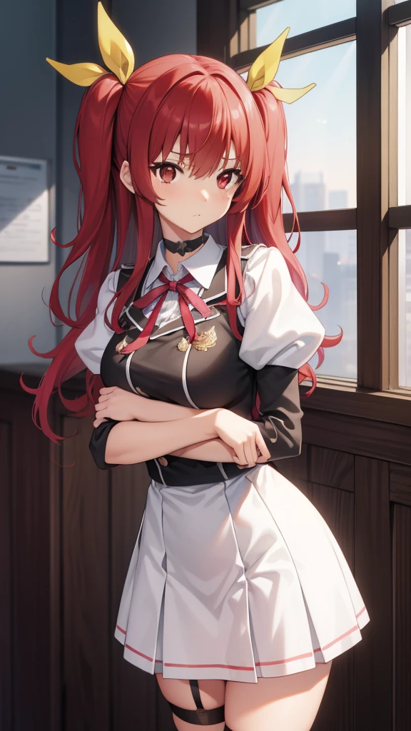 stella vermillion, stella vermillion, hair between eye, Hair intake, Hair Ribbon, Long hair, (Red Eyes:1.5), Red hair, two side up, Yellow Ribbon,
Blake Black Choker, Choker, emblem, garter strap, Neck ribbon, Plaid, Puffy Short Sleeves, Puffy sleeves, Purple Ribbon, Red hair, bow ribbon, School uniform, Shirt, Short sleeves, Skirt, thighs thighs thighs thighs, White shirt, White skirt,
BREAK looking at viewer,
Break indoors, classroom
break (masutepiece:1.2), Best Quality, High resolution, Unity 8k Wallpaper, (Illustration:0.8), (Beautiful detailed eyes:1.6), extra detailed face, Perfect Lighting, extremely details CG, (Perfect hands, Perfect Anatomy),