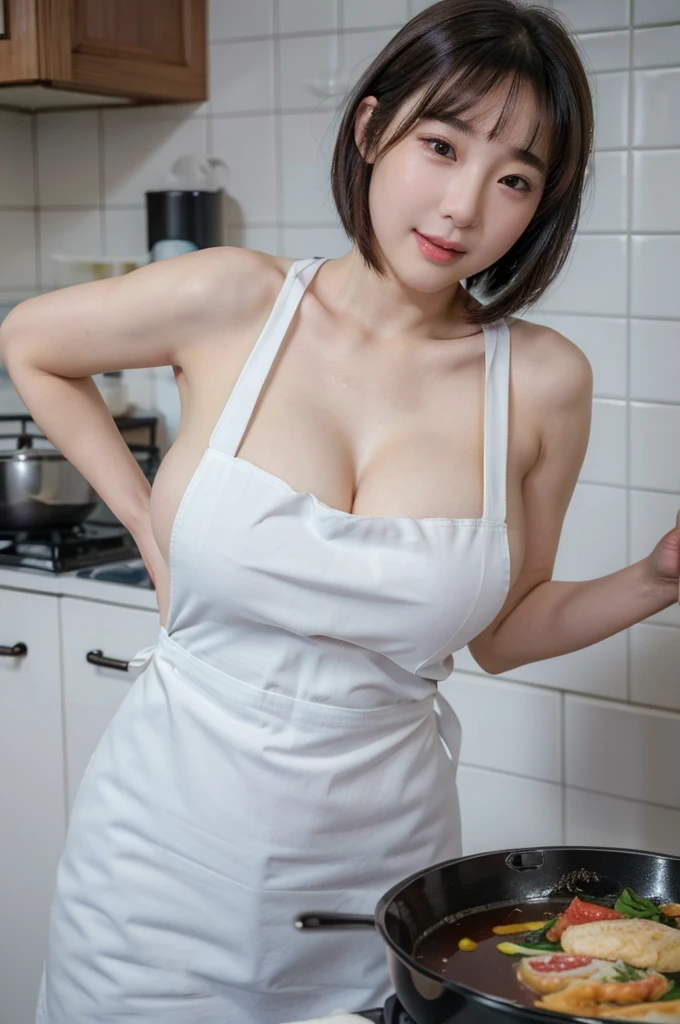 best quality, 8k, very delicate and beautiful, highly detailed face and skin texture, shiny skin, high resolution, big tits short hair korean girl wearing white apron smile and cooking in kitchen, sharp focus
