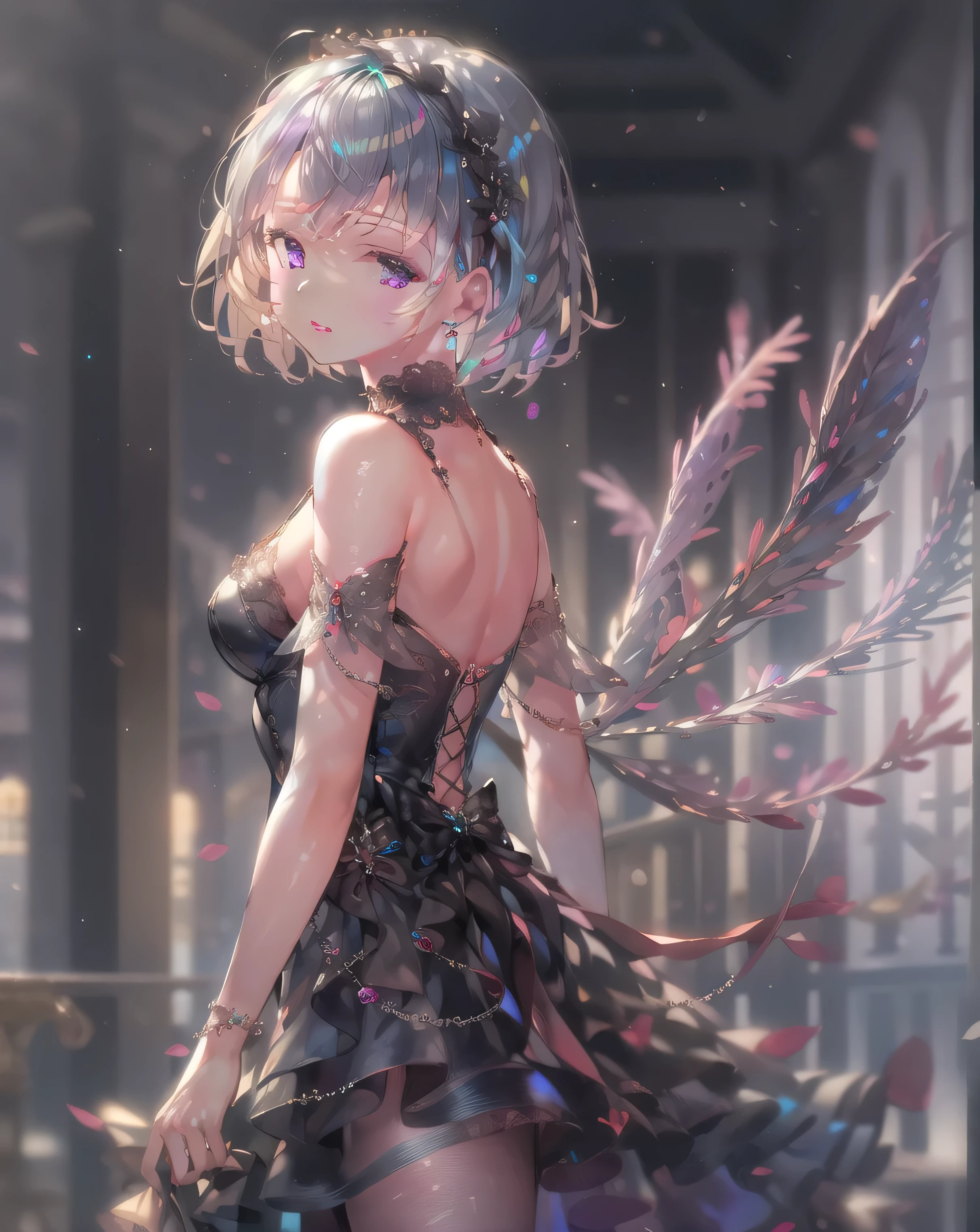 (((masterpiece))), (((best quality))), ((ultradetailed)),1girl,solo,short white hair,white transparent holographic clothing,black background, light particles, night,black night,looking back, 