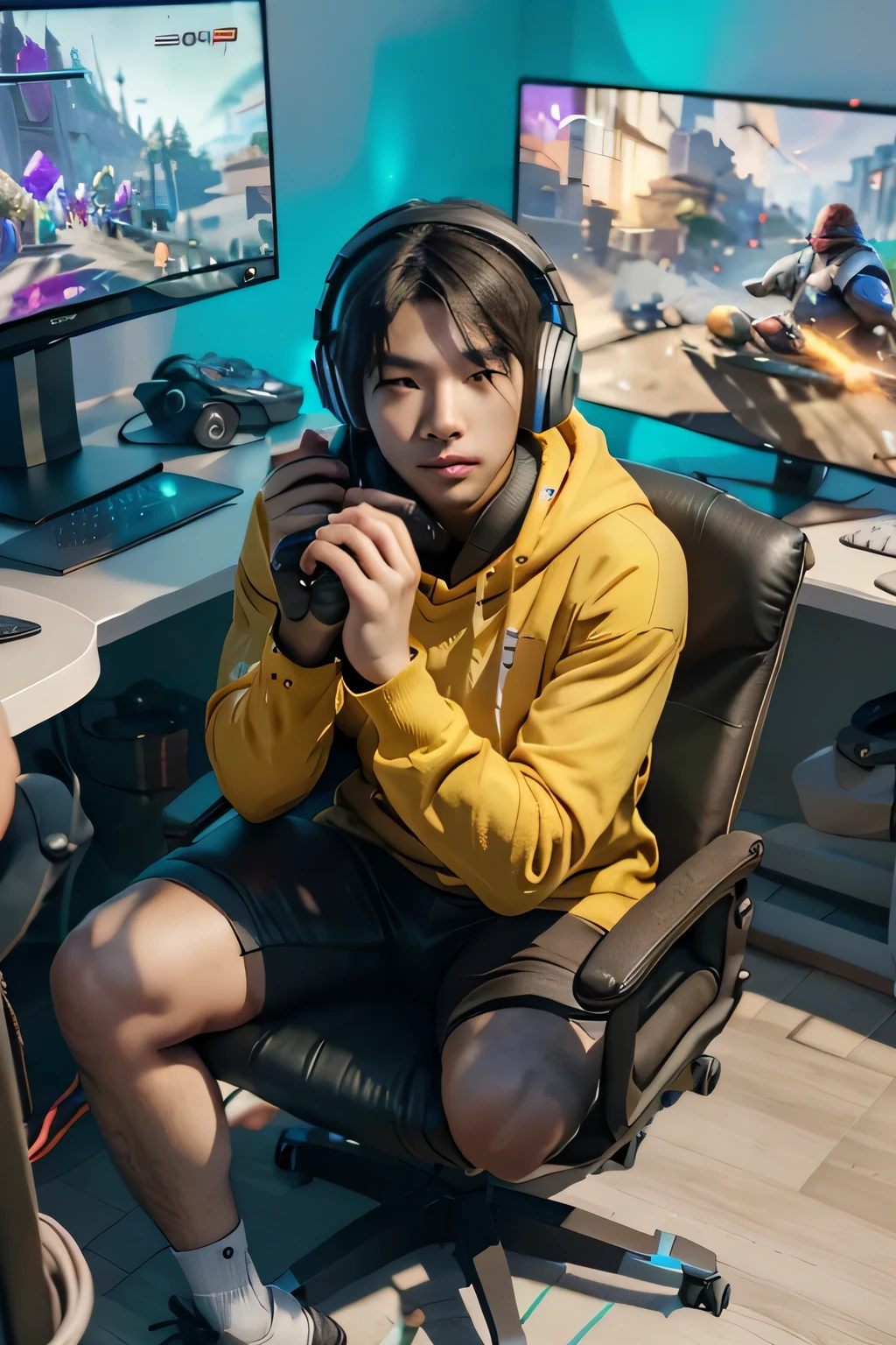 A korean man streamer, black short wavy middle part hairstyle, sitting in his gaming chair, ((streamer)), wearing a cozy oversized hoodie with logo "ENYO", his face lit by computer screen, dim lighting, ((gaming setup, gaming chair, gaming monitor)), streaming setup, 2, focus on face, face near viewer, ((headphones)), (from above)