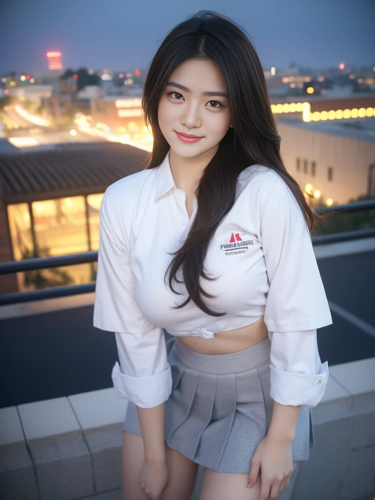 1girl, 1 girl, (uniform), standing, outdoors, night view, detailed Metropolitan city at the background, (Overhead view:1.35), (zoom out: 1.1), detailed face, cute little smile, detailed eyes, medium thick breasts, six pack abs, smooth realistic skin, semi-curvy body, white shirt, grey blue short skirt, looking at the audience, (8k, RAW photo, best quality, masterpiece: 1.3), (realistic, realistic: 1.37), ultra-high resolution