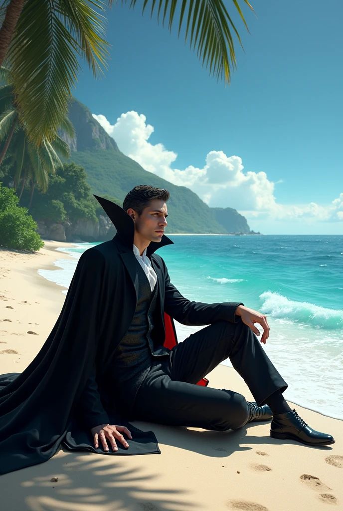 Vampire lying on a deckchair and getting tanned on the beach, masterpiece, super detail, best quality