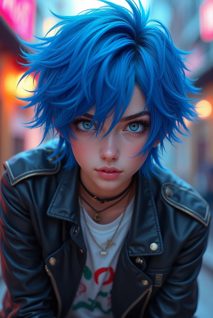 Let's talk about the boy who sold his soul to the devil,
Stare at something, hold a grudge against someone,
Until the day it disappears,
leather jacket,
sharp eyes,
blue hair,
interlace fingers and stare,
desk decorated with lots of roses,
scars under eyes,
wearing a silver bracelet,
bandage on arm,