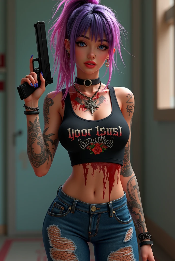 An evil woman
  In hell with red fire and evil sign background
  With a big and thick blue Star of David necklace
  With many evil tattoos on arms and legs
  Number 666 with blood on the stomach
  with horns
  Evil open mouth laugh with head up and eyes closed
  with Denim shorts
  With a black bra
  With shapely legs
  The right hand is a coiled viper
  The left hand is forward