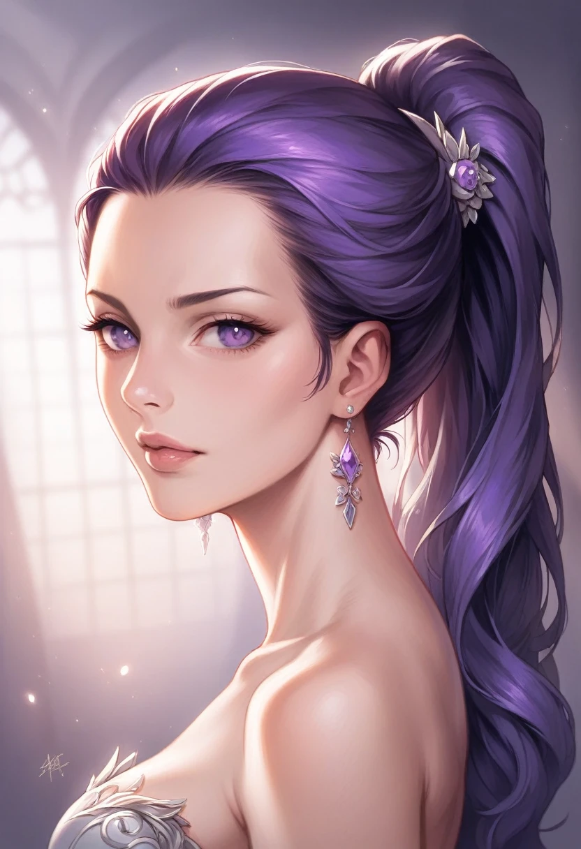 1girl, purple hair, purple eyes, ponytail, detailed face, detailed eyes, detailed lips, beautiful detailed facial features, highly detailed, masterpiece, 4k, photorealistic, photo-realistic, ultra-detailed, intricate details, vivid colors, dramatic lighting, cinematic, fantasy, magical, ethereal, elegant, graceful