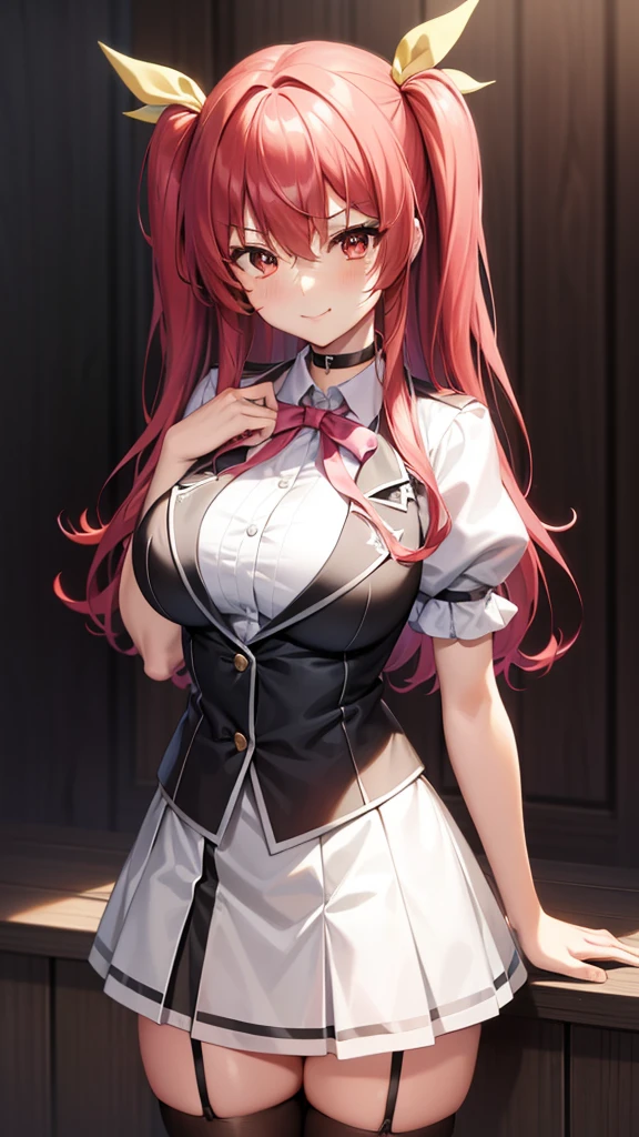 stella vermillion, stella vermillion, hair between eye, Hair intake, Hair Ribbon, Long hair, (Red Eyes:1.5), Red hair, two side up, Yellow Ribbon,Blake Black Choker, Choker, emblem, garter strap, Neck ribbon, Plaid, Puffy Short Sleeves, Puffy sleeves, Purple Ribbon, Red hair, bow ribbon, School uniform, Shirt, Short sleeves, Skirt, thighs thighs thighs thighs, White shirt, White skirt,BREAK looking at viewer,
Break indoors, ‎Classroom,Break (masutepiece:1.2), Best Quality, High resolution, Unity 8k Wallpaper, (Illustration:0.8), (Beautiful detailed eyes:1.6), extra detailed face, Perfect Lighting, extremely details CG, (Perfect hands, Perfect Anatomy),Naughty big、a smile