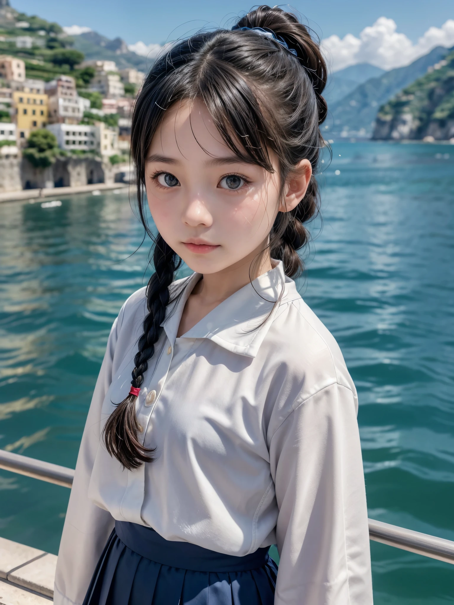 (Facial Focus), (1 Girl, Female, Woman, Solo, Pale Skin, Casual Fashion, Kawaii), (Long Hair, Single Braided Hair, Black Hair, Cute Face, Light Smile), (By the Sea), Milky Way, Sunset,