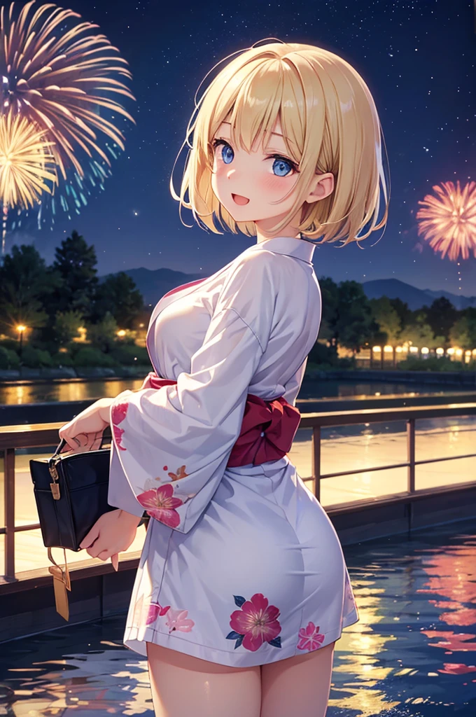 masterpiece, absurdres, best quality, ultra detailed, high Resolution, detailed illustration, bright colour, (extremely beautiful detailed face and eyes, Delicate beautiful face, 1 girl, 18yo, cute face:1.3), (magenta eyes:1.1), sparkling eyes, big eyes, (medium breasts:1.3), (perky breasts:1.1), (pointy breasts:1.1), medium hips, glamorous body, white skin, BREAK, (blonde hair:0.8), messy hair, detailed hair, shiny hair, BREAK (yukata, undressed:1.3), perfect lighting, (ecstasy, vulgarity:1.5), (embarrassed:1.3), rape, (firework:1.2), From behind,