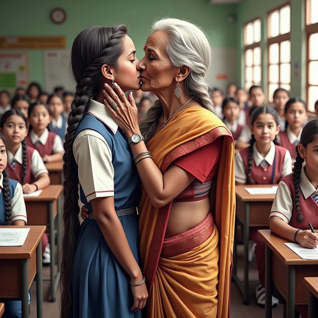 (Masterpiece),(8K),(High Quality),luxurious items surrounded bright lightened girls' school class room,Infront of indian teenage girls students in school uniforms,Two Indian 70 years old eldery perfect curvy figure grandmas and one perfect curvy figure teen girl student,lizard kissing three together,other teenage student girls enjoying it with opened excited eyes,breast taken out from saree,aged breast,saggy,ass exposed,granny ass,granny vigina,granny breast,One indian grandma in slick tight hair bun,other indian grandma in opened hair,teen girl in cornrow braided hair.Other all teenage girl students are also in cornrow braided hairs, all these girls ladies and grandmas hairlines are extremely wet and are highly reflect shining due to heavy-oil pulptation on the hair,but they are slick combed showcasing hair lines visually.
