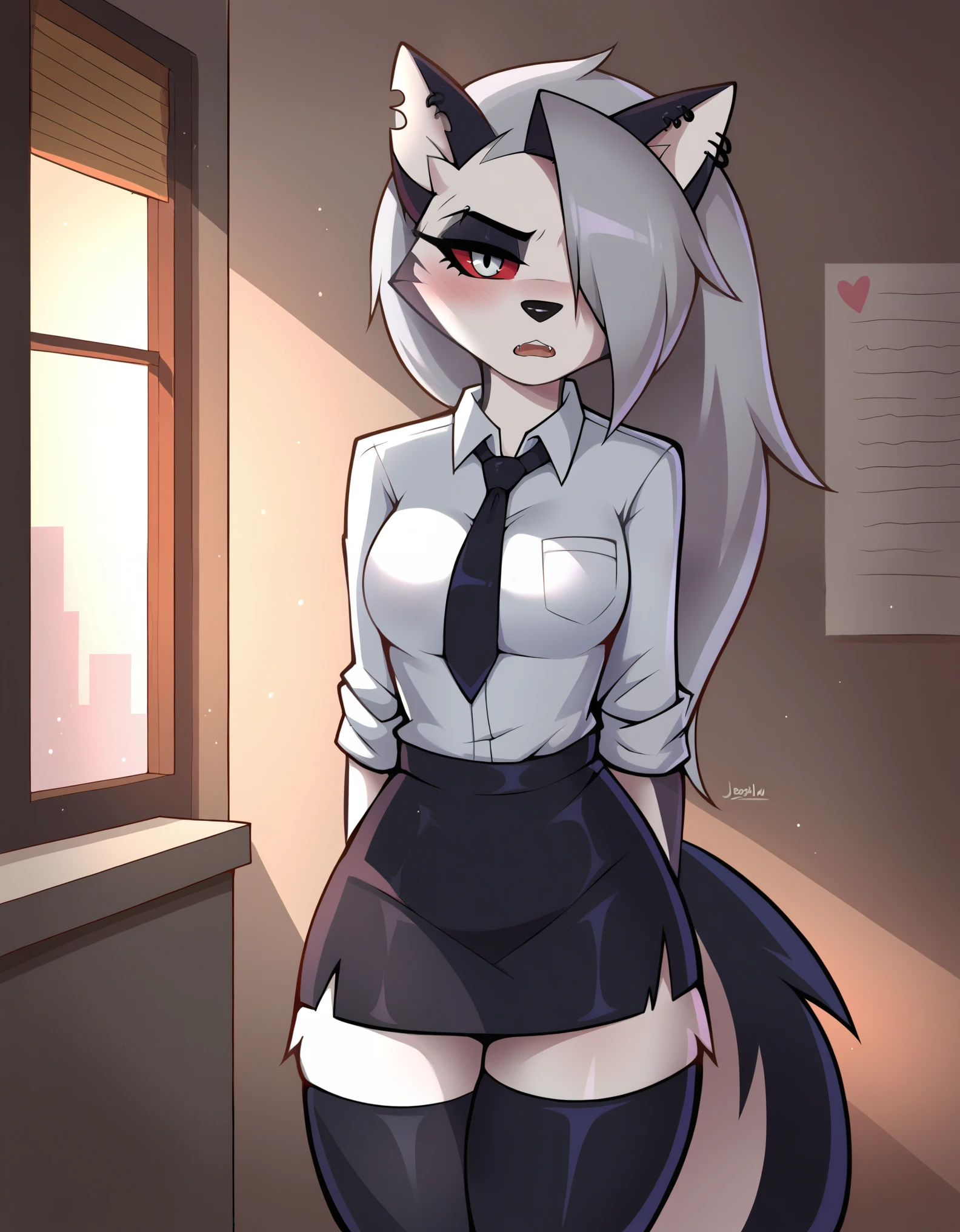 Score_9, Score_8, Score_7, jizoku style, Loona, anthro, 1girl, solo, skirt, thighhighs, necktie, furry, shirt, furry female, black skirt, wolf girl, hair over one eye, collared shirt, black thighhighs, breasts, blush, looking at viewer, open mouth, cowboy shot, black necktie, piercing, ear piercing, pencil skirt,