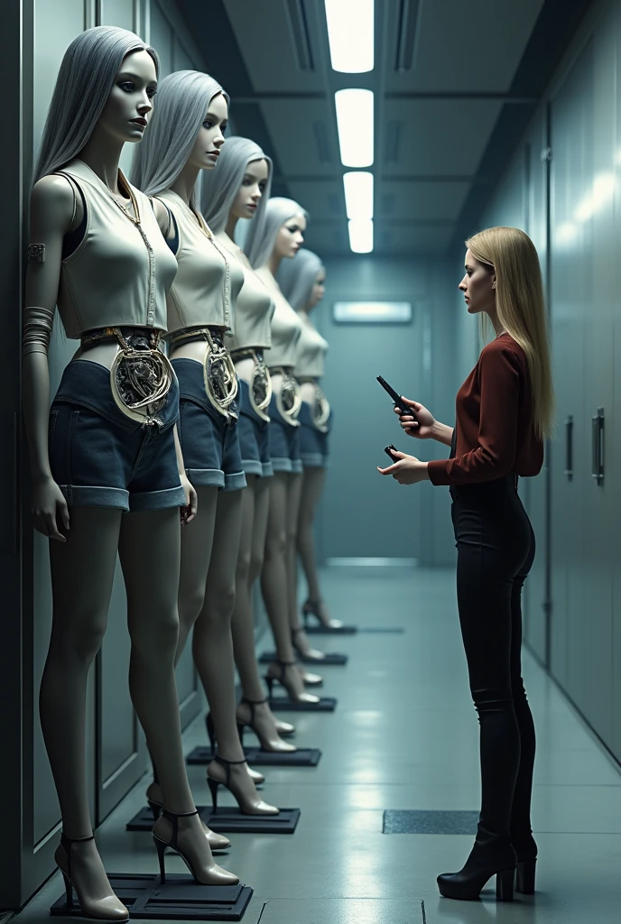 masterpiece, beautiful, highly detailed face, crowd in the background, ((old man in black suit stands beside)) (((nude naked nude naked young white teenage girl who has short blonde hair and wears an id lanyard tag and is talking and holding a game controller))) and and has medium breast and nipple and pussy and earring and wristwatch and black stockings and black stockings and is standing in an office, LCD screen with blue light picture, businessman in the background, crowd of businessman in the background, crowd of businessman in the background, crowd of businessman in the background, pot plant,