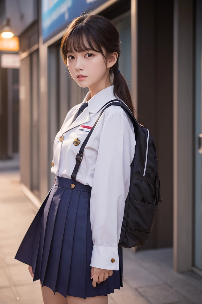 mix 4, (16K, Raw photo, best image quality, masterpiece: 1.45), (realistic, Photoreal: 1.37), one girl, cute, cityscape,, professional lighting, photon mapping, school classroom, Physically based rendering, dark brown hair,ponytail hairstyle, Beautiful well-groomed eyes、((double eyelid))、super cute girl, (((school uniform、blazer、Long-sleeved shirts worn by Japanese high school girls、ribbon tie, super super super mini skirt,、dark blue socks、black loafers))), highest quality photos, High resolution, 1080P, (clear face), (Detailed facial description), (detailed description of hands), (masterpiece), (Detailed CG)、extreme light and shadow、messy hair、master work、Rich details、smiling, (detailed facial features)、(highest quality photoasseter muscle part)、(detailed eye)、look in front of you、thin clavicle、((slender and big))、(((Japanese high school girls wear long-sleeved shirts)))、((neat idol))、((school gate、schoolyard、School building in the background))、(Take photos from random viewpoints)、(((Anyway it&#39;s cute)))、earrings、smiling, Draw the whole body from the knees、Do not draw fine lines, ( large :1.4)、smalttocks wion、Two arms and two legs、(((from the front:0.7)))、bare hands、(((symmetrical eyes)))、standing pose、Do not remove the tie from the jacket､