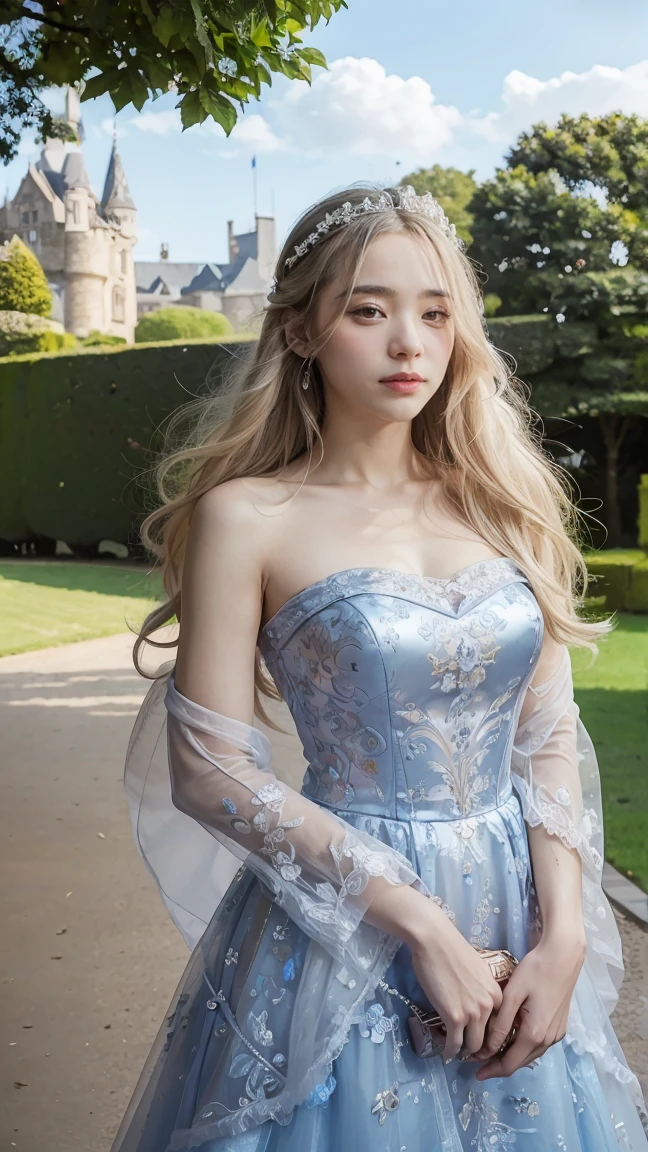 masterpiece, highres, high detailed, intricate details, depth of field, 1 girl, queen, royal crown, Coronation Gown, queen dress, Evening Gown, outdoor background. The background is a luxurious castle, mildly clouds, best sunlight. There are 2 long flower beds besides the path, queen is standing on the path. Her face is gorgeous, beautiful, confident. She wears a lot of luxury jelweries. She has blue eyes, platinum blonde long shining hair. Behind her is the castle.