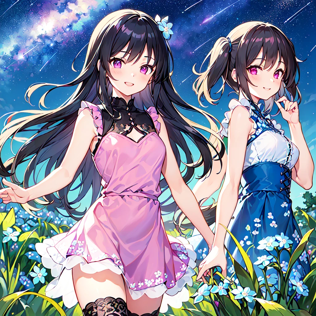 masterpiece, best quality, high quality, extremely detailed, very delicate and beautiful, (1 female 1 solo:1.5), (long black hair up to waist with two side up:1.5), bangs to eyebrows, eyes (eyes sharp, strong, glossy, glossy eyebrows), (eye color magenta:1.3), 6.5 head height, (dew flower print fashion:1.3), knee socks, lace, ruffles, (smiling), (running:1.3), (dynamic pose), (background dayflower dew flower field:1.3) ,(Milky Way Night Sky:1.3)